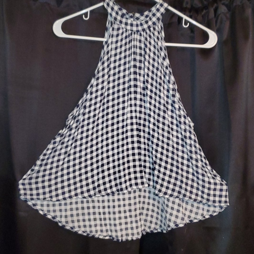 Navy blue and white checkered shirt